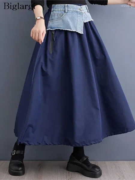 Jupes surdimensionnées denim patchwork automne jupe longue jupe femme volonté plissée lâche dames hautes mode a-line femme 2024