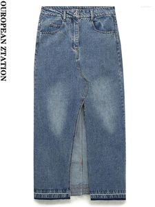 Rokken Pailete Vrouwen 2023 Mode Met Vijf Zakken Split Vooraan Denim Midi Rok Vintage Hoge Taille Rits Vrouwelijke Mujer