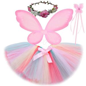 Rokken Pastel Pink Fairy Tutu Rok Outfit voor meisjes Woodland Elves Kleed kostuums aan met Wings Garland Kids Princess Ballet Tutus Set Y240522