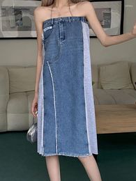 Jupes Patchwork chaîne en métal Denim femmes 2023 été taille élastique jean droit Streetwear tenue décontractée déchirée
