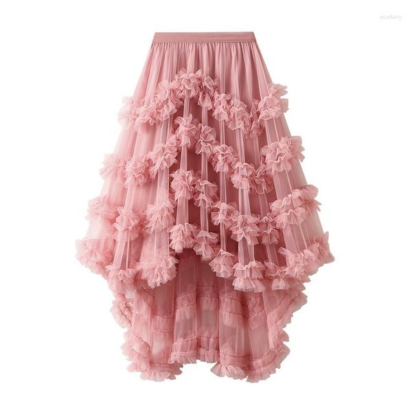 Faldas rosa fresca dulce Irregular volante plisado para mujer cintura alta verano largo negro Hada pastel poliéster falda estilo coreano