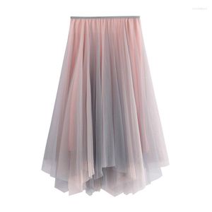 Jupes rose vert irrégulière Midi longue Tulle jupe trapèze femmes 2023 automne hiver doux dégradé couleur taille haute femme