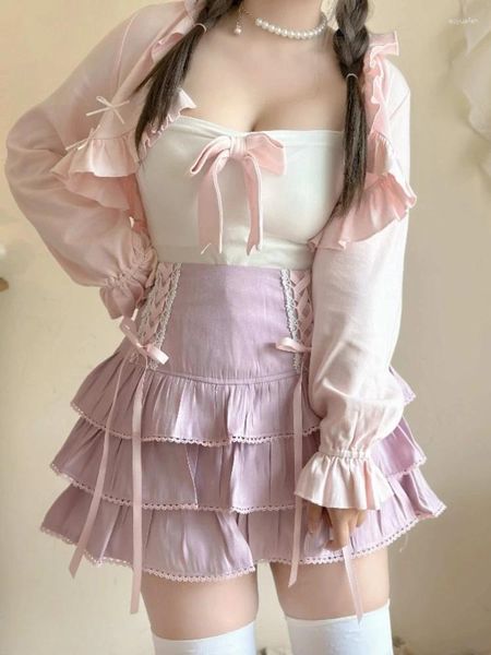 Faldas rosa Kawaii Lolita pastel mujeres japonés dulce lindo fiesta mini falda lazo femenino encaje elegante Harajuku plisado 2024