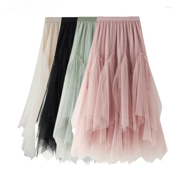 Faldas rosa largo Maxi tul falda mujer verano moda coreana Irregular A-Line cintura alta malla mujer Boho Longue Jupe
