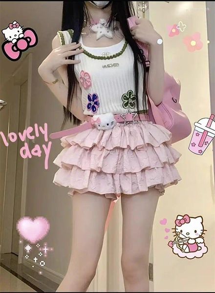 Jupes en jupe rose douce taille haute japonais y2k kawaii vêtements pli punk mignon lolita sexy 2024 mini girl cutecore 90s