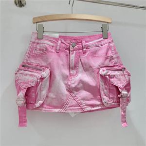 Rokken roze streetwear y2k vracht denim dames 2024 mode d zakken hoge taille mini gewassen ritsje jeans rok vrouw