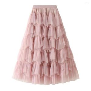 Jupes Rose Tutu Tulle Jupe Femmes Plissée De Mode Gâteau Taille Haute Longue Kawaii D'été Casual Dames Maxi