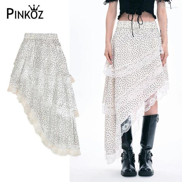 Skirts Pinkoz Diseñador Polka DPT Patchwork Lace Irregular Midi Cintura elástica Skirt de altas calles para femme vintage