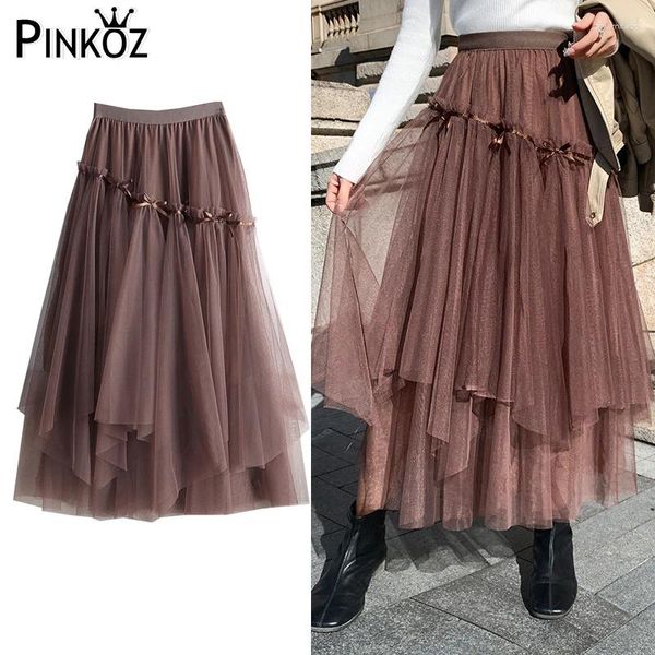 Jupes Pinkoz Fashion Femmes Midi Mesh arc irrégulier haute jupe brune asymétrique décontractée élégante Vintage Femme de Mujer