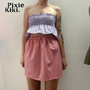 Faldas Pixiekiki casual de cintura alta mini falda ropa para mujer 2024 verano guingham una línea kawaii chicas p85-ag11