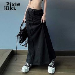 Jupes PixieKiki Streetwear Y2k cordon taille basse Maxi jupes femmes 2023 automne mode noir jupe longue P77-CZ30 P230420