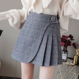 Rokken geruite rok shorts dames winter wol geplooide rok Koreaanse mode onregelmatig een lijn hoog taille jupe pakket hiprokken 230327