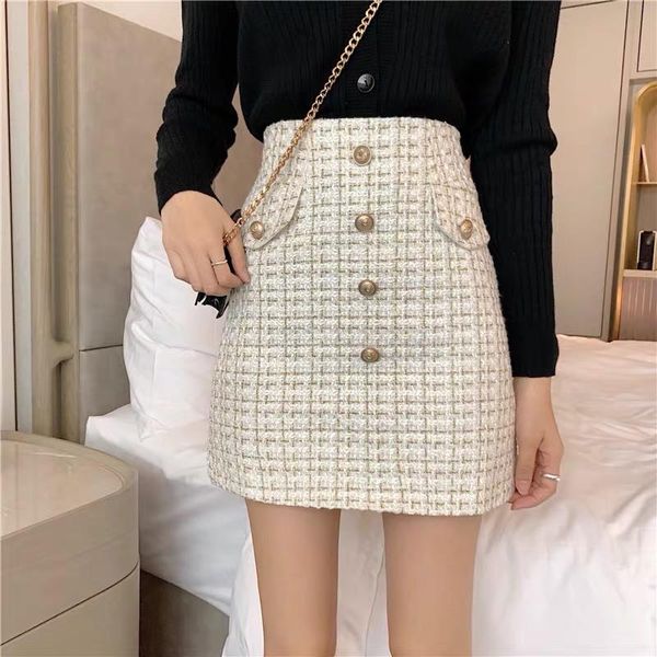 Faldas Plaid Tweed Office Lady Minifalda de cintura alta Clubwear de lana Botones vintage Negro Blanco Tallas grandes Pantalones cortos con cremallera Faldas