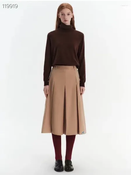 Faldas plisadas largas para mujer, estilo inglés, Color caqui, falda informal, ropa formal de cintura alta gruesa de invierno