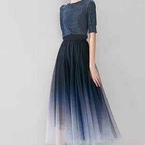 Jupes plissées jupe longue dégradé couleur tulle maxi pour les femmes taille haute une ligne avec style élégant élastique