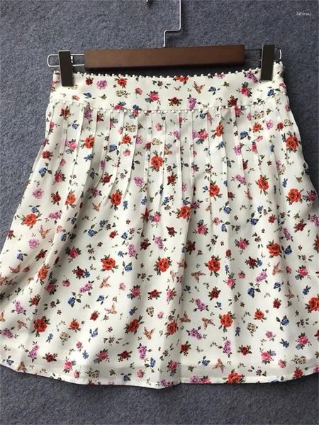 Faldas Mini falda plisada para damas 2023 Seda Estampado floral Cintura alta Dulce A-Line Jupes cortos