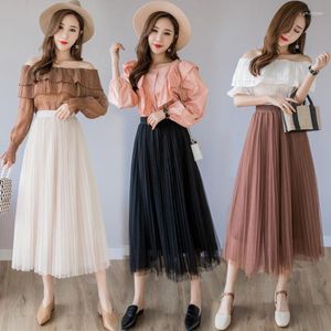 Rokken geplooide rok lange lente zomer koffie zwart beige roze tule dames hoge taille mesh maxi