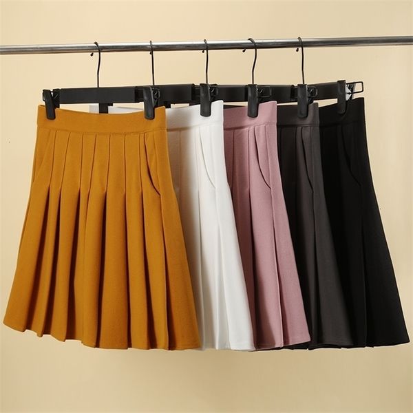 Faldas falda plisada con bolsillos para mujeres Autumn, amarillo preppy, estilo elástica de alta cintura a- Línea adelgazante kawaii mini falda corta 230413