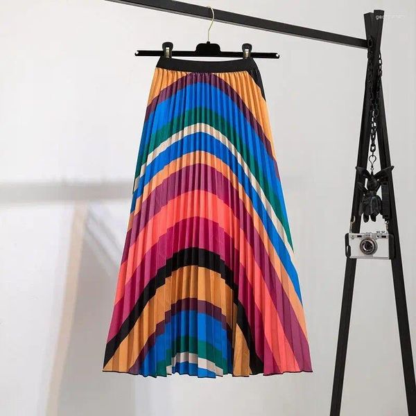 Faldas Falda plisada Mujeres Summe Imprimir Color Patrón de ondulación Big Swing Cintura alta Casual