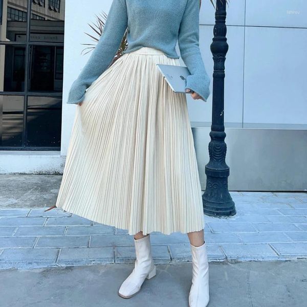 Faldas plisadas mujer casual terciopelo suelto falda midi color sólido una línea invierno para mujeres cintura elástica holgada