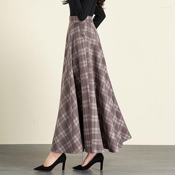 Faldas de talla grande para mujer, estilo Retro Vintage, a la moda, de lana, a cuadros, de cintura alta, Maxi falda larga para mujer
