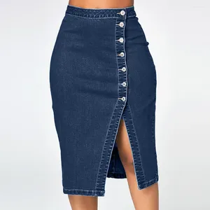 Jupes Plus Taille Femmes Denim Demi-Corps Jupe Mode Taille Haute Slim Crayon Bouton Split Solide Couleur Casual