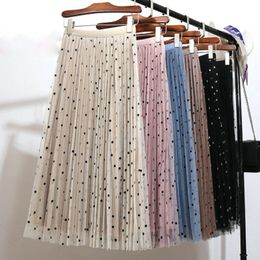 Rokken Polka Dot Geplooide Maxirok 2019 Herfst Nieuwe Dames Hoge Taille Lange Rokken Preppy Koreaanse Stijl Vrouwelijke Mesh Fluwelen Tweerichtingsrokken