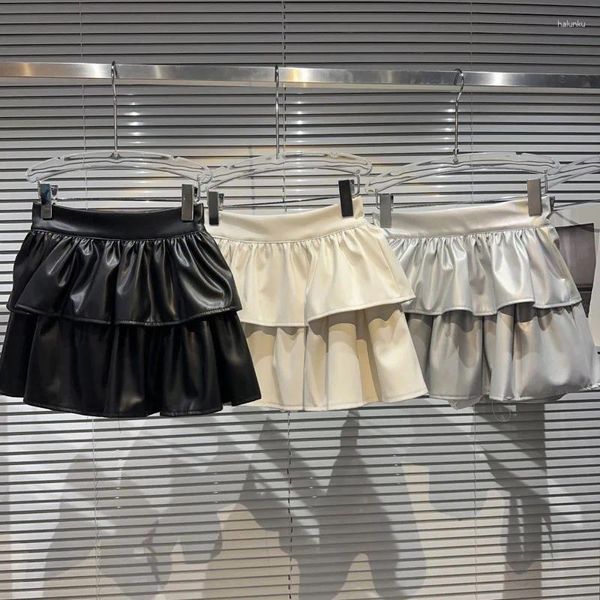 Skirts Prepompt 2023 Autumn Collection Faux Leather PU Doble capa corta Mini Plisada Falda Mujeres GL273