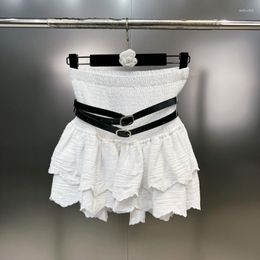 Jupes PREPOMP 2023 Arrivée d'été Élastique Taille Haute Double Ceintures Multi Couche Volants Blanc Court Mini Jupe Plissée Femmes 007