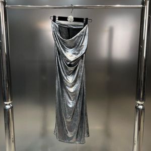 Jupes PREPOMP 2023 Collection d'été taille haute froncée multicouche couleur métal argent jupe longue femmes 5861