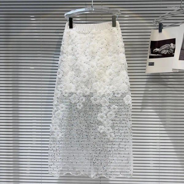 Faldas prepompompt 2024 Pétalos de llegada de verano lentejuelas blancas de malla larga falda mujeres gp650