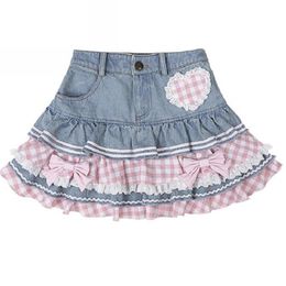 Faldas estilo preppy lolita kawaii japonés dulce mini mujeres harajuku lindo vestido de bola denim skater y2k pastel de encaje de cintura alta 230313