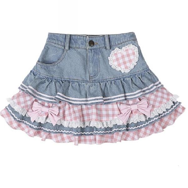 Jupes Style Preppy Lolita Kawaii Japonais Doux Mini Femmes Harajuku Mignon Robe De Bal Denim Patineur Y2K Taille Haute Dentelle Gâteau 230321