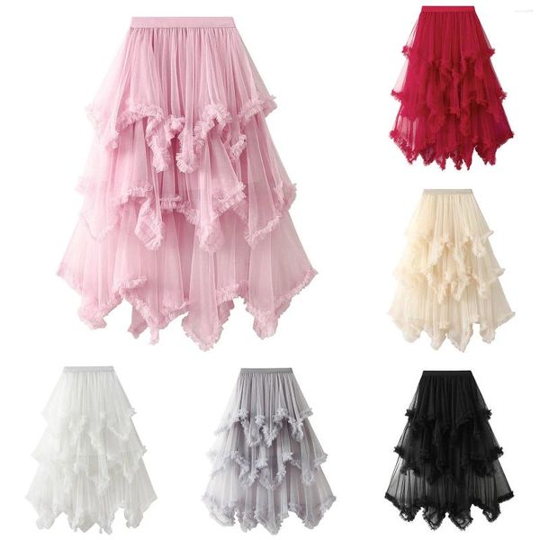 Jupes Princesse Puffy Tulle Jupe Femmes Irrégules esthétique plissée asymétrique transparente mince couleur solide