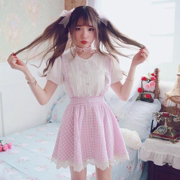 Faldas Princesa Dulce Lolita Falda BOBON21 Rosa Algodón Plaid Suspender Busto Extraíble B1472