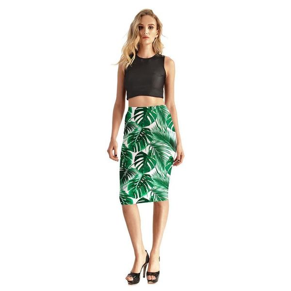 Faldas con estampado Floral para mujer, talla grande, oficina, moda de otoño, Color verde, falda por debajo de la rodilla, elegante, de cintura alta, 2021