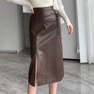 Faldas de cuero Pu para mujer falda de cintura alta lápiz elegante Split Otoño Invierno Midi estilo coreano