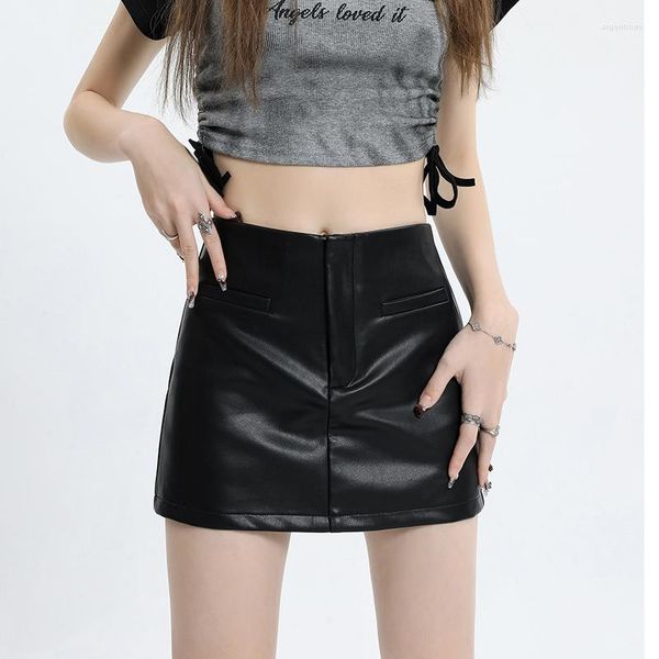 Jupes en cuir PU Mini femmes été noir Y2K Vintage taille haute mince une ligne jupe shorts décontracté sexy streetwear coréen