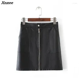 Jupes Pu en cuir jupe noire mode sexy mini avec deux poches pour quatre saison xnxee