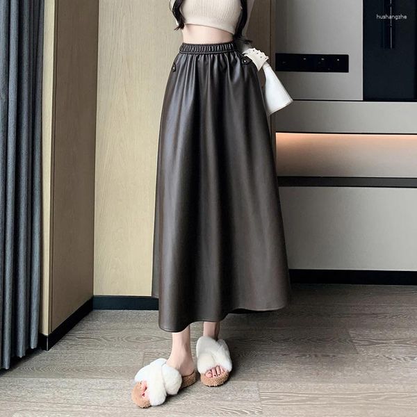 Jupes en cuir PU jupe femmes Vintage longue pour taille haute plissée mode coréenne automne vêtements noir