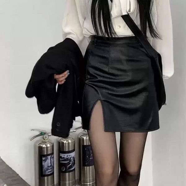 Faldas PU Punk falda de cuero mujer negro Sexy Split Slim cintura alta A-line Mini faldas otoño moda coreana Harajuku Streetwear 230707