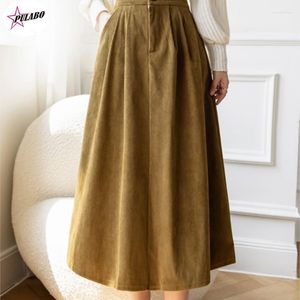 Faldas PULABO Falda Midi de pana para mujer 202 Otoño Invierno coreano elegante sólido una línea elástica cintura alta larga terciopelo femenino