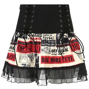 Jupes Punk Haruku taille basse Rock jupe à lacets devant femmes Sexy noir imprimé Patchwork mousseline de soie Mini Clubwear Sp1821skirts