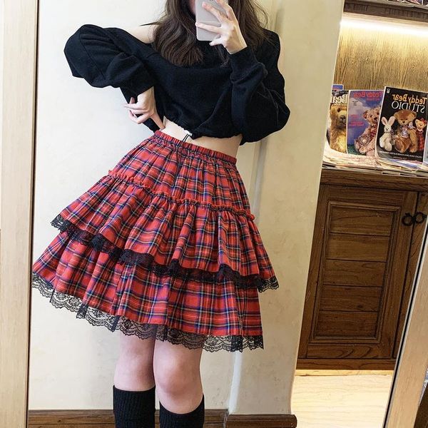 Jupes punk mini vintage high élastique wasit jupe à plaid rouge adolescents patchwork dentelle harajuku robe de bal Jupe springskirts