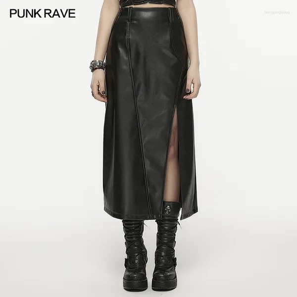 Faldas PUNK RAVE para mujer, falda de piel sintética con corte en A, cintura alta, moda para el día a día, concisa, negra, larga asimétrica