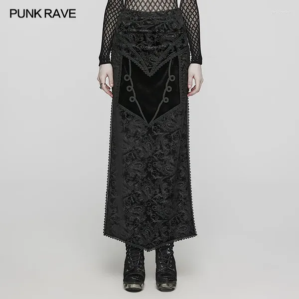 Jupes PUNK RAVE Femmes Gothique Dentelle Imprimé Velours Split Jupe Party Club Foncé Long Pour Femmes Vêtements