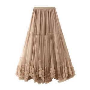 Jupes Acheter la version coréenne de la jupe en filet pour femmes avec design d'ourlet surdimensionné en dentelle d'oreille en bois sucré A-line grande jupe moelleuse ourlet Q240507