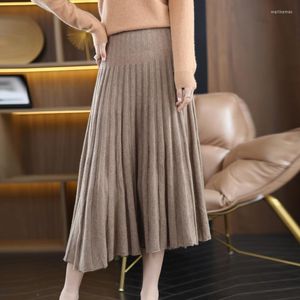 Rokken pure wollen rok herfst en winter lange dames kasjmier massieve kleur gebreide mode elegant geplooid