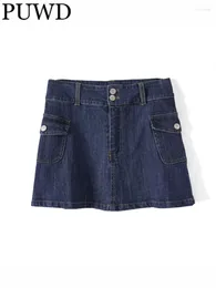 Jupes Puwd Femmes décontractées Blue Denim Mini 2024 Fashion Summer Fashion Vintage High Wair Side Pockets Femme Bottoms chic