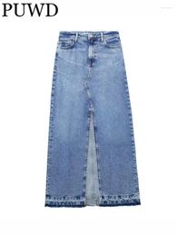 Jupes PUWD Femmes Mode Bleu Denim 2024 Printemps Vintage Taille Haute Zipper Fly Poches Arrière Femme Mujer